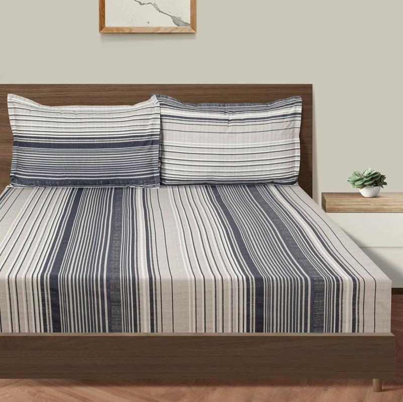 Light Blue Elegant Line Pattern Cotton Bedding Set Double Fitted Size