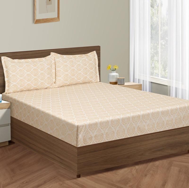Radian Beige Boota Print Cotton Bedding Set Double Fitted Size