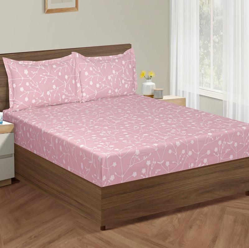 Pink Allium Floral Print Cotton Bedding Set Double Fitted Size
