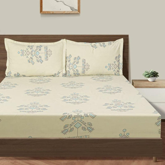 Off White Unique Floral Cotton Bedding Sheet Double Fitted Size