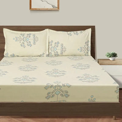 Off White Unique Floral Cotton Bedding Sheet Double Fitted Size