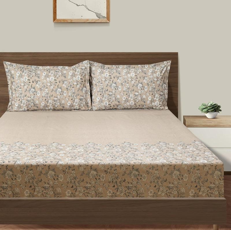 Beige Roses Floral Print Cotton Double Bedding Set Double Fitted Size