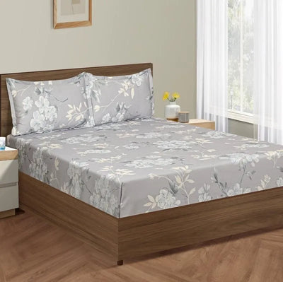 Big Floral Grey Print Cotton Satin Bedding Set Double Fitted Size