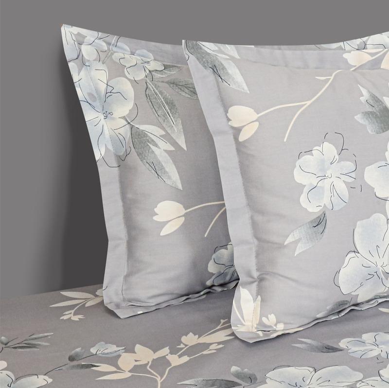 Big Floral Grey Print Cotton Satin Bedding Set Double Fitted Size