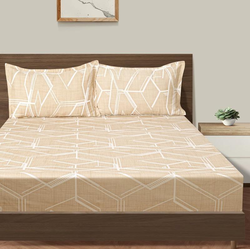 Graphical Beige Print Cotton Satin Bedding Set Double Fitted Size