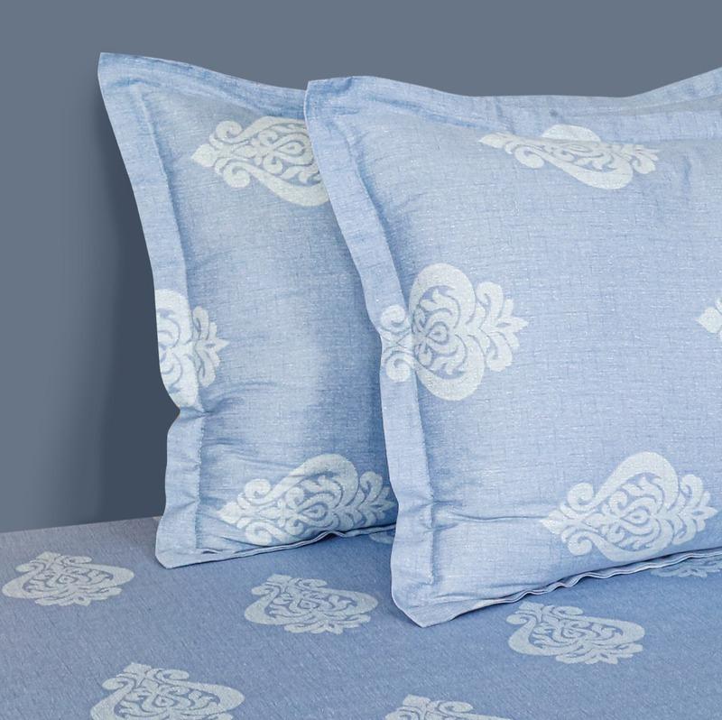 Classy Sky Blue Floral Print Cotton Bedding Set Double Fitted Size