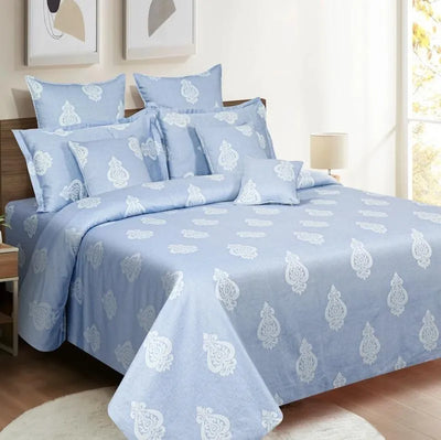 Classy Sky Blue Floral Print Cotton Bedding Set Double Fitted Size