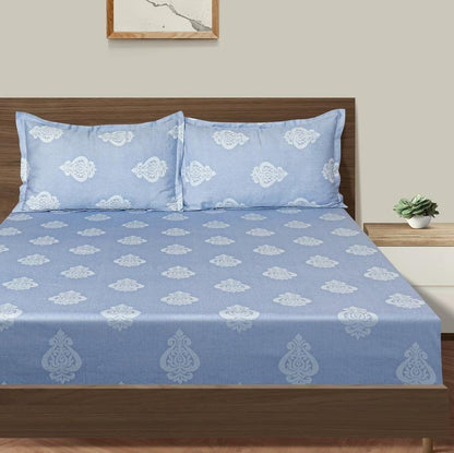 Classy Sky Blue Floral Print Cotton Bedding Set Double Fitted Size