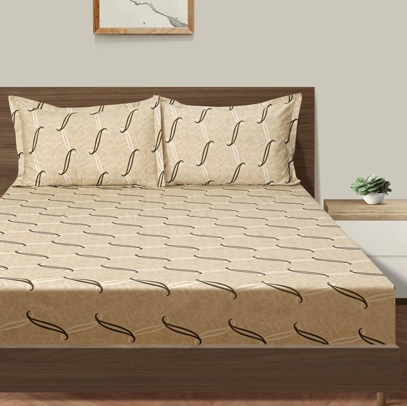 Opulent Beige Design Print Cotton Satin Bedding Set Double Fitted Size