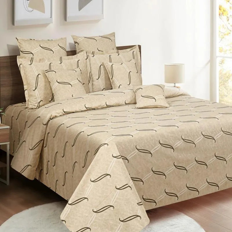 Opulent Beige Design Print Cotton Satin Bedding Set Double Fitted Size