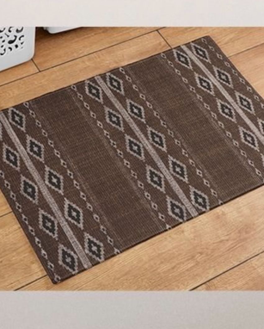 Brown Hand Woven Modern Printed Cotton Dhurrie | Floormat | 30 x 18 Inches