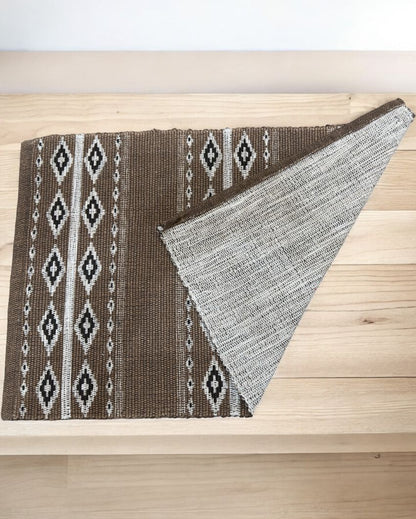 Brown Hand Woven Modern Printed Cotton Dhurrie | Floormat | 30 x 18 Inches