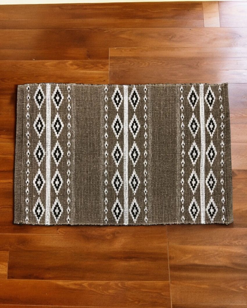 Brown Hand Woven Modern Printed Cotton Dhurrie | Floormat | 30 x 18 Inches