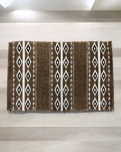 Brown Hand Woven Modern Printed Cotton Dhurrie | Floormat | 30 x 18 Inches