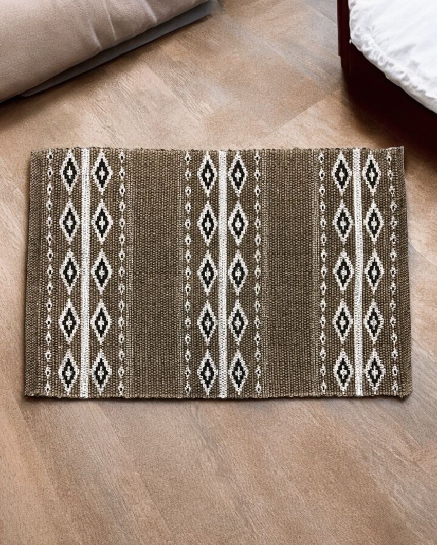 Brown Hand Woven Modern Printed Cotton Dhurrie | Floormat | 30 x 18 Inches