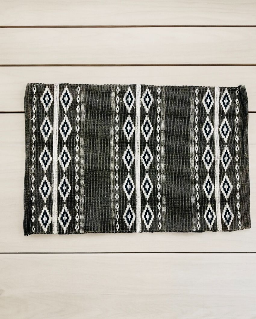 Brown Hand Woven Modern Printed Cotton Dhurrie | Floormat | 30 x 18 Inches