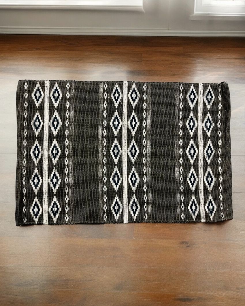 Brown Hand Woven Modern Printed Cotton Dhurrie | Floormat | 30 x 18 Inches