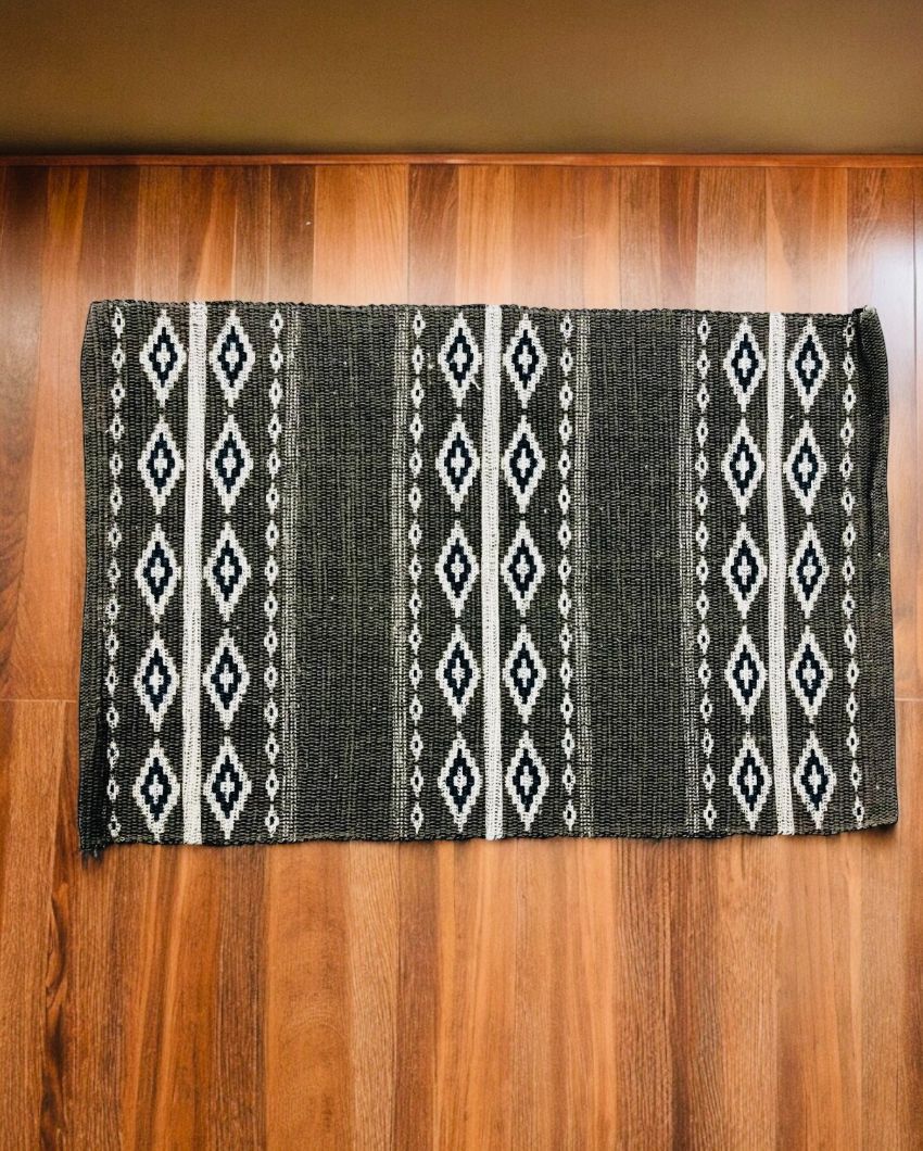 Brown Hand Woven Modern Printed Cotton Dhurrie | Floormat | 30 x 18 Inches