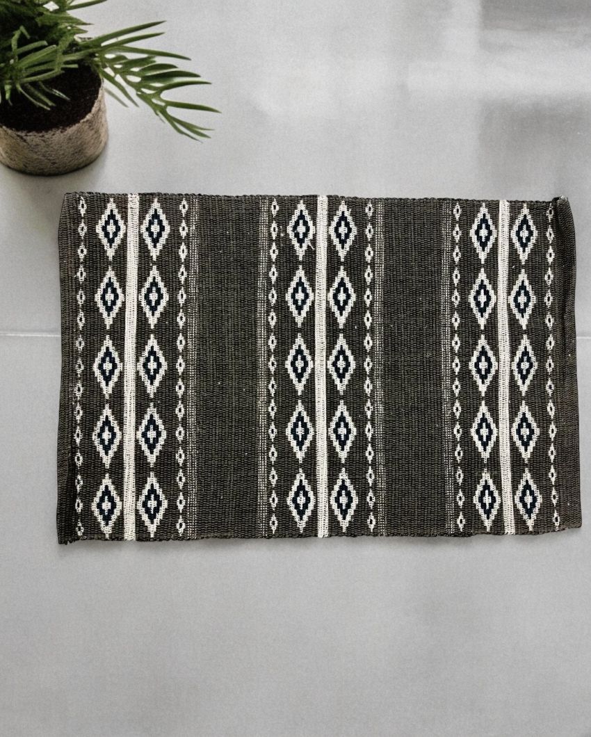 Brown Hand Woven Modern Printed Cotton Dhurrie | Floormat | 30 x 18 Inches