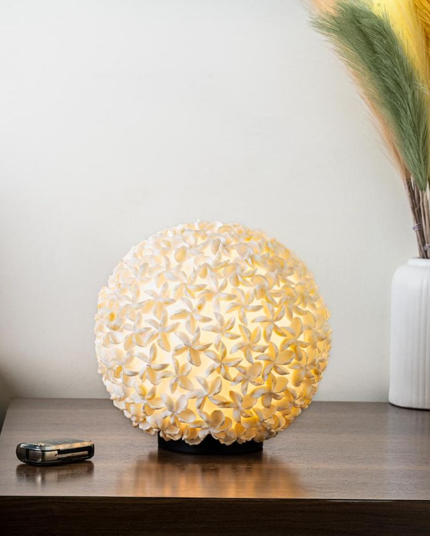 Charming Round Light White Chippy Shell Table Lamp | 8 x 9 inches