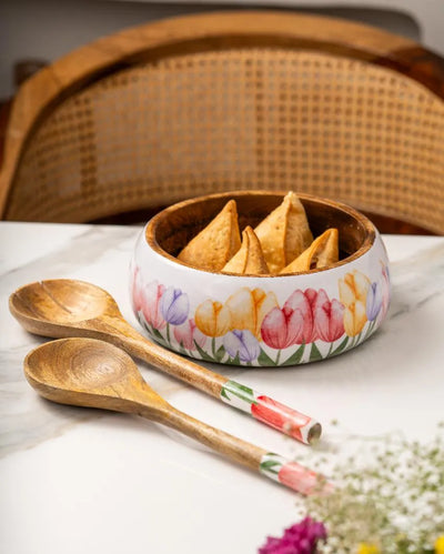 Tulip Mango Wood Salad Bowl with Fork & Spoon Set