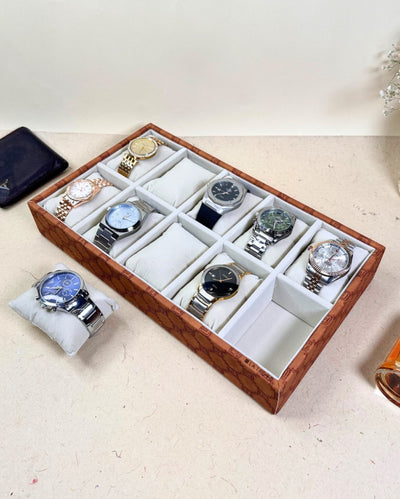 Vegan Leather Tan 10 Slot Watch Display Tray | 14 x 8 x 3 inches