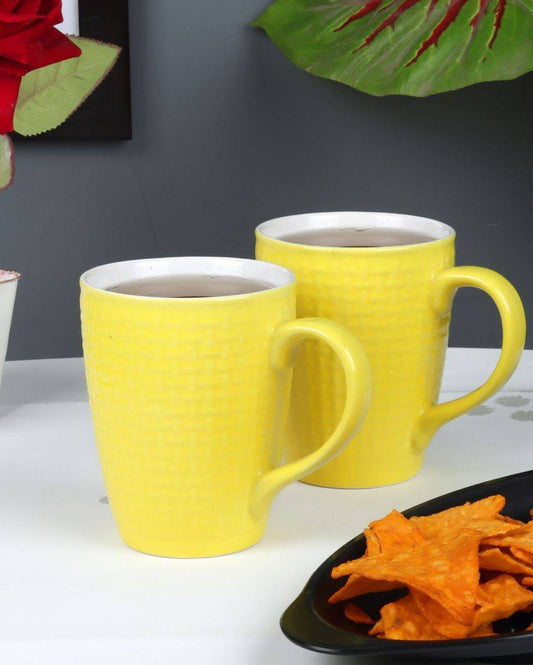 Yellow Checked Ceramic Tea Coffee Mugs With Wooden Tray | Pack of 7 Pcs