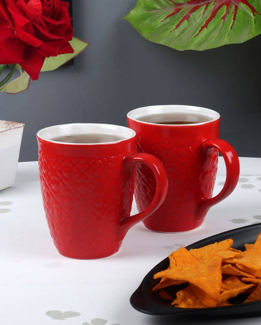 Red Checked Ceramic Tea Coffee Mugs With Wooden Tray | Pack of 7 Pcs