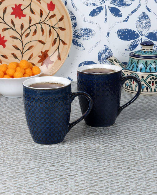 Blue Checked Ceramic Tea Coffee Mugs | Set of 6