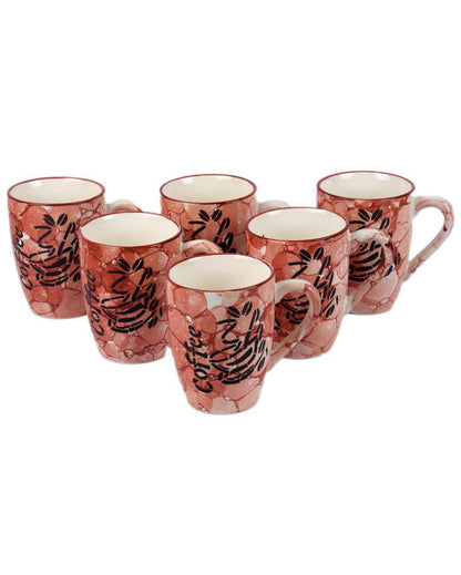 Red Coffee Printed Ceramic Tea Coffee Mugs | Set of of 6