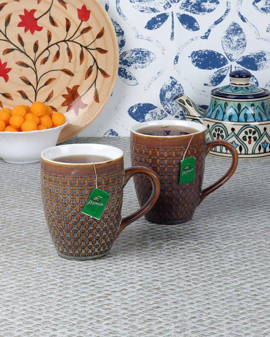 Brown Checked Ceramic Tea Coffee Mugs | Set of 6