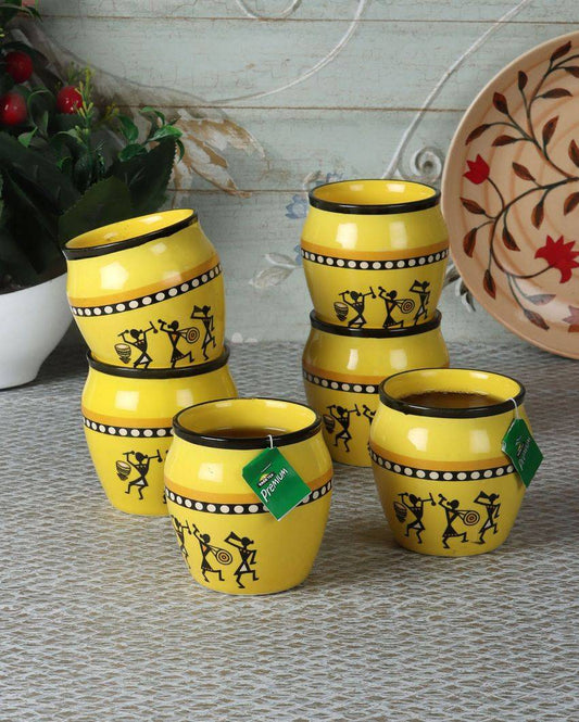 Yellow Verli Printed Ceramic Kullar With Wooden Tray | Pack of 7 Pcs