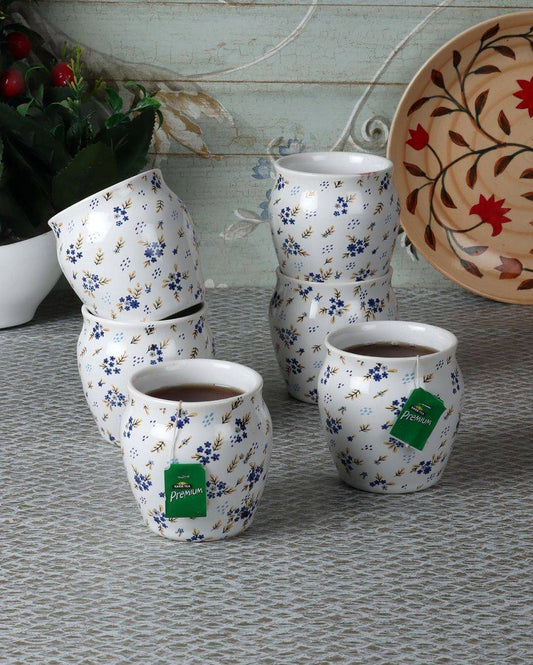 White Floral Printed Ceramic Kullar | Set Of 6