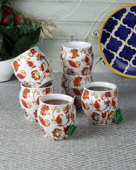 Floral Design Ceramic Kullads | Set Of 6 | 200Ml
