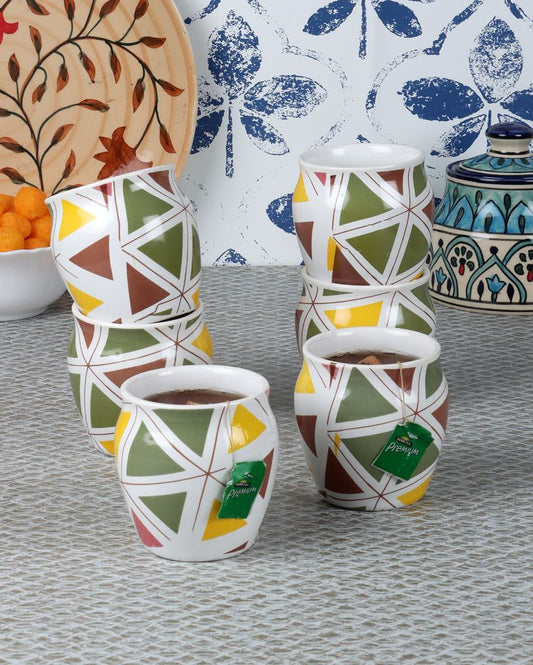 Wooden Tray With Trangle Design Ceramic Kullads | 200Ml