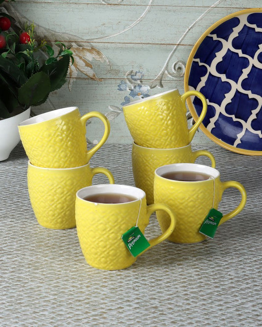 Radian Ceramic Tea & Coffee Cups | Set Of 6 |180Ml Yellow