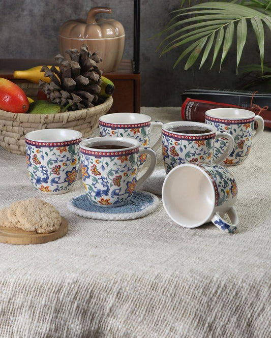 Floral Print Ceramic Tea Coffee Mugs With Wooden Tray | Pack of 7 Pcs