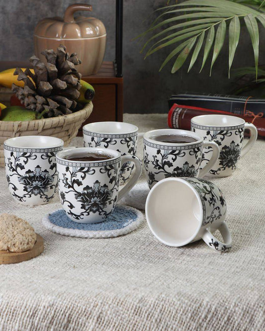 Printed Flower Ceramic Tea Coffee Mugs With Wooden Tray | Pack of 7 Pcs