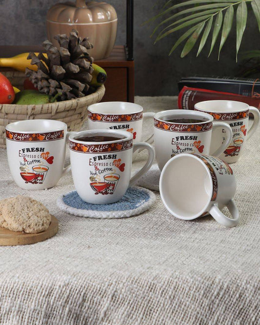Coffee Printed Ceramic Tea Coffee Mugs With Wooden Tray | Pack of 7 Pcs