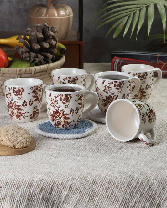 Rosa Print Ceramic Tea Coffee Mugs With Wooden Tray | Pack of 7 Pcs