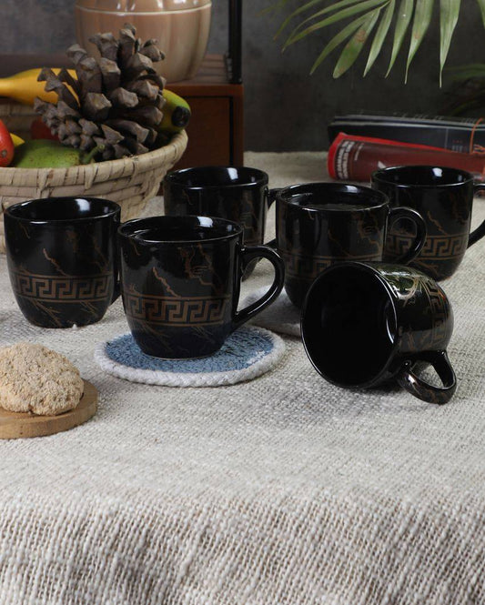 Black Abstract Print Ceramic  Tea Coffee Mugs With Wooden Tray | Pack of 7 Pcs