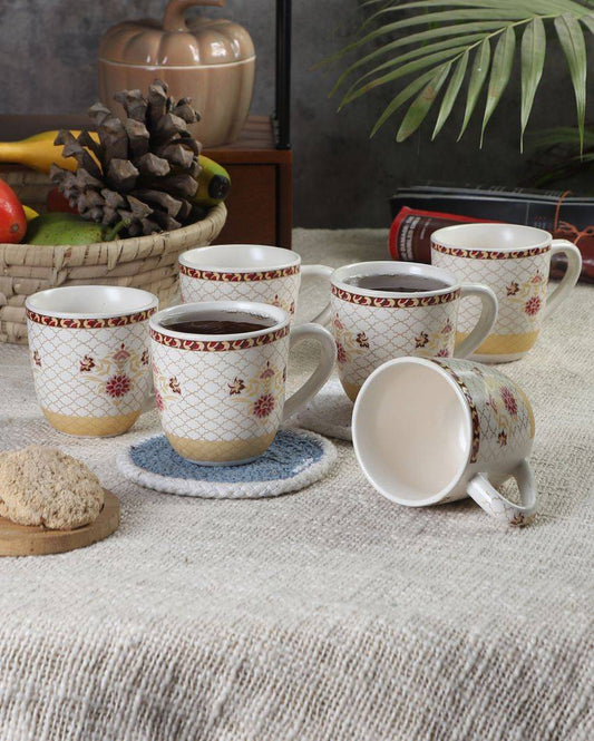 Lirio Print Ceramic Tea Coffee Mugs With Wooden Tray | Pack of 7 Pcs
