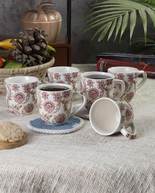 Clavel Print Ceramic Tea Coffee Mugs | Set of 6