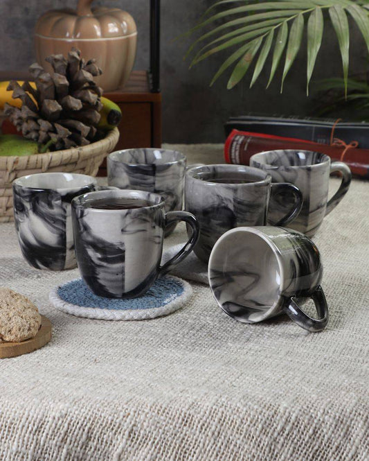 Italian Print Ceramic Tea Coffee Mugs With Wooden Tray | Pack of 7 Pcs