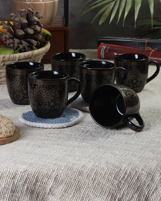 Violeta Black Abstract Print Ceramic Tea Coffee Mugs | Set Of 6