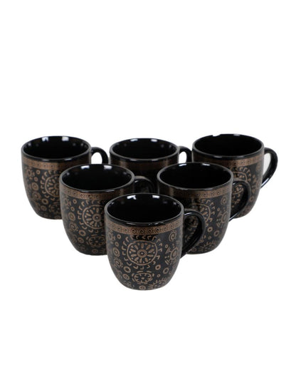 Violeta Black Abstract Print Ceramic Tea Coffee Mugs | Set Of 6