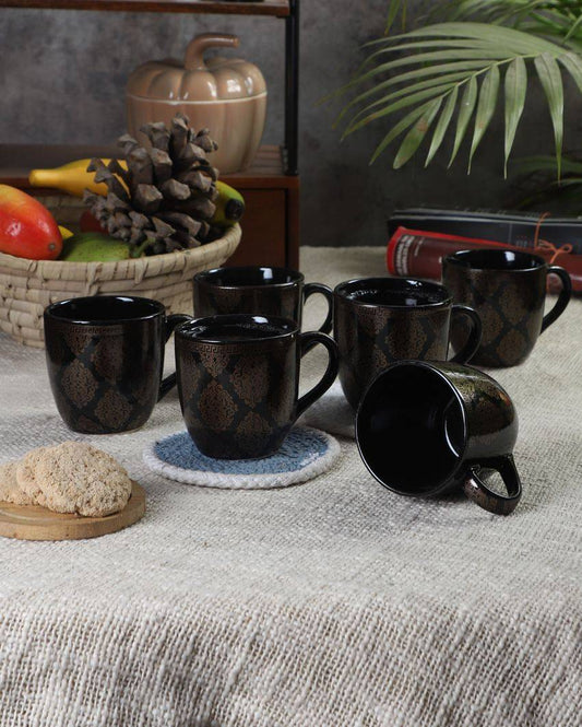 Amapola Black Abstract Print Ceramic  Tea Coffee Mugs With Wooden Tray | Pack of 7 Pcs