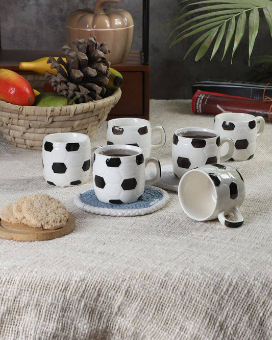 Black Colour Football Shaped Ceramic Tea Cups With Wooden Tray | Pack of 7 Pcs