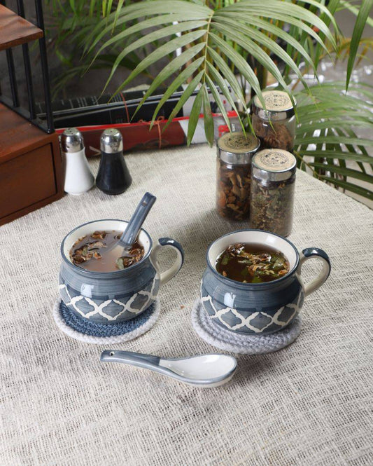 Grey Textured Ceramic 2 Soup Mugs With Wooden Tray Set