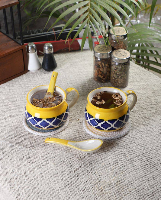 Blue Textured Ceramic 2 Soup Mugs With Wooden Tray Set